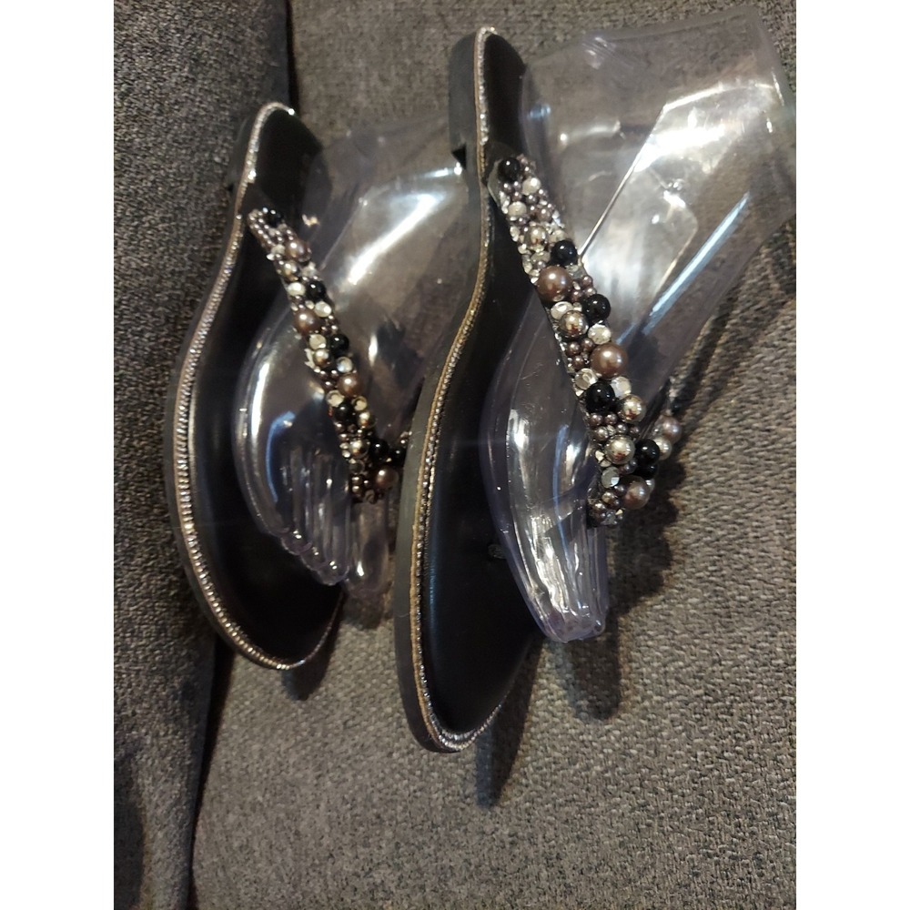 Rouge Helium Black Beaded Rhinestone Thong Sandals Size 10 Boho Bedazzled Y2k - Picture 8 of 12